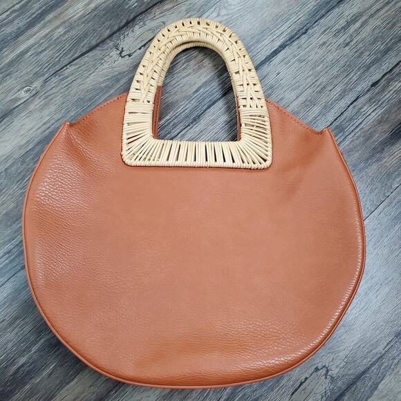 Circular Vegan Leather Rattan Handle Crossbody Bag Boho Chic Purse - Picture 2 of 10